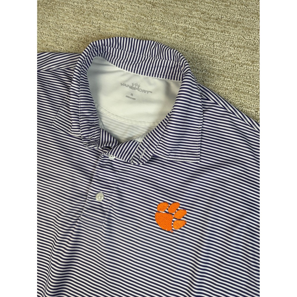 Vansport Clemson Tigers Polo Shirt Mens XL Purple White Striped Performance Golf